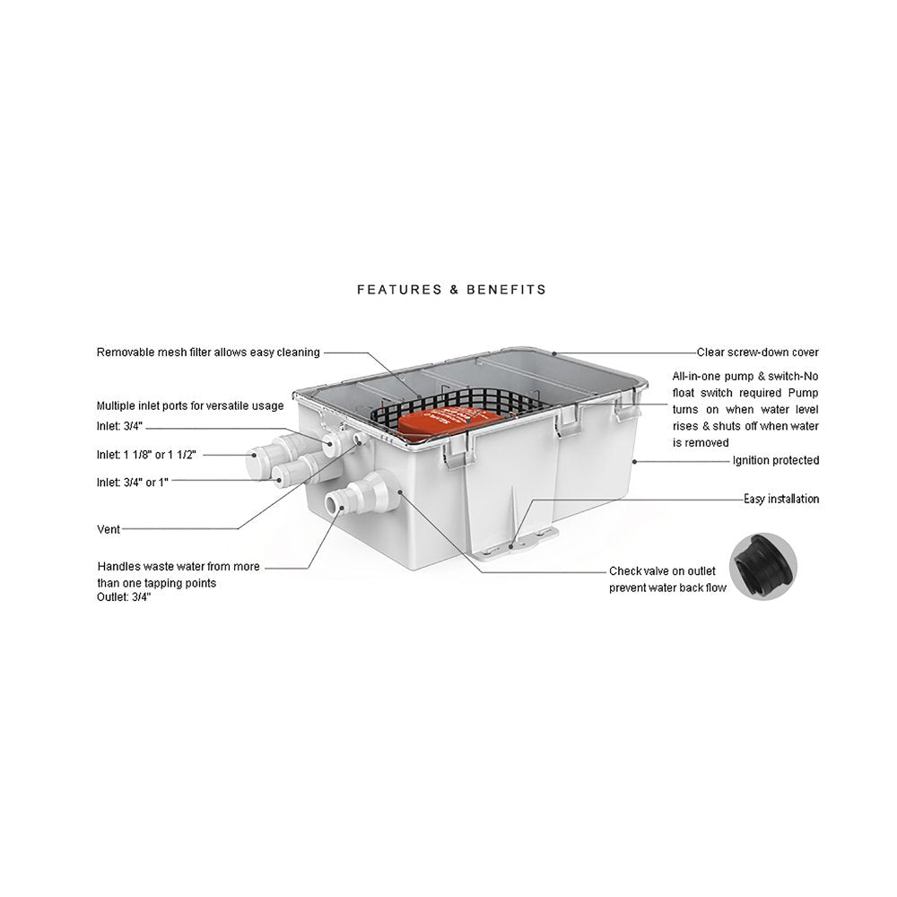 Seaflo Shower Sump Pump System 12V 600 GPH / 2271 LPH